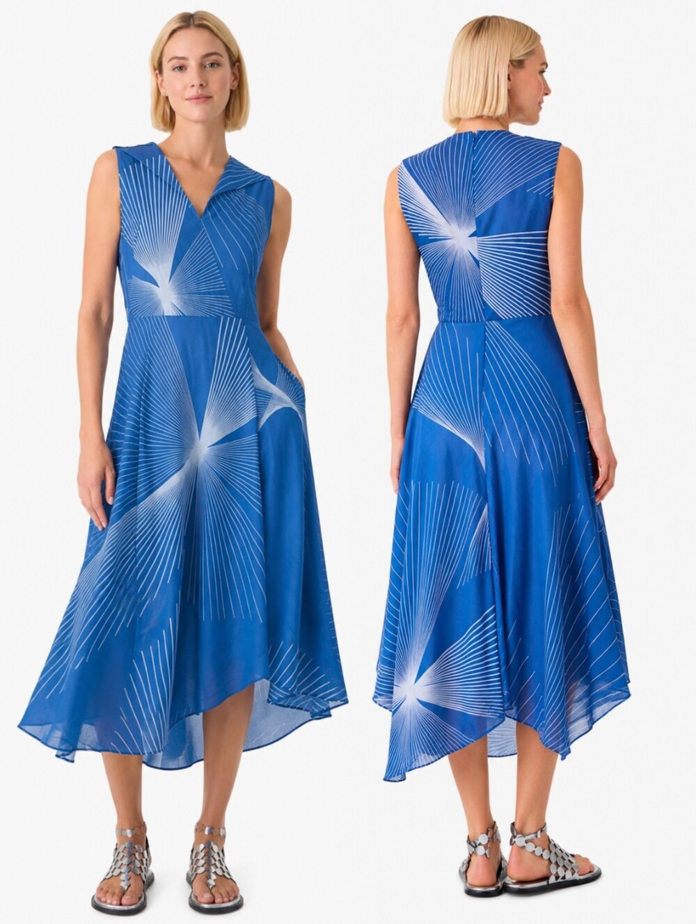 AKRIS Blue Geometric Print Sleeveless Fit & Flare Midi Cotton Dress
